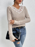 Perfee Lace Detail Ribbed V-Neck Long Sleeve Top - PD SECRET REALM