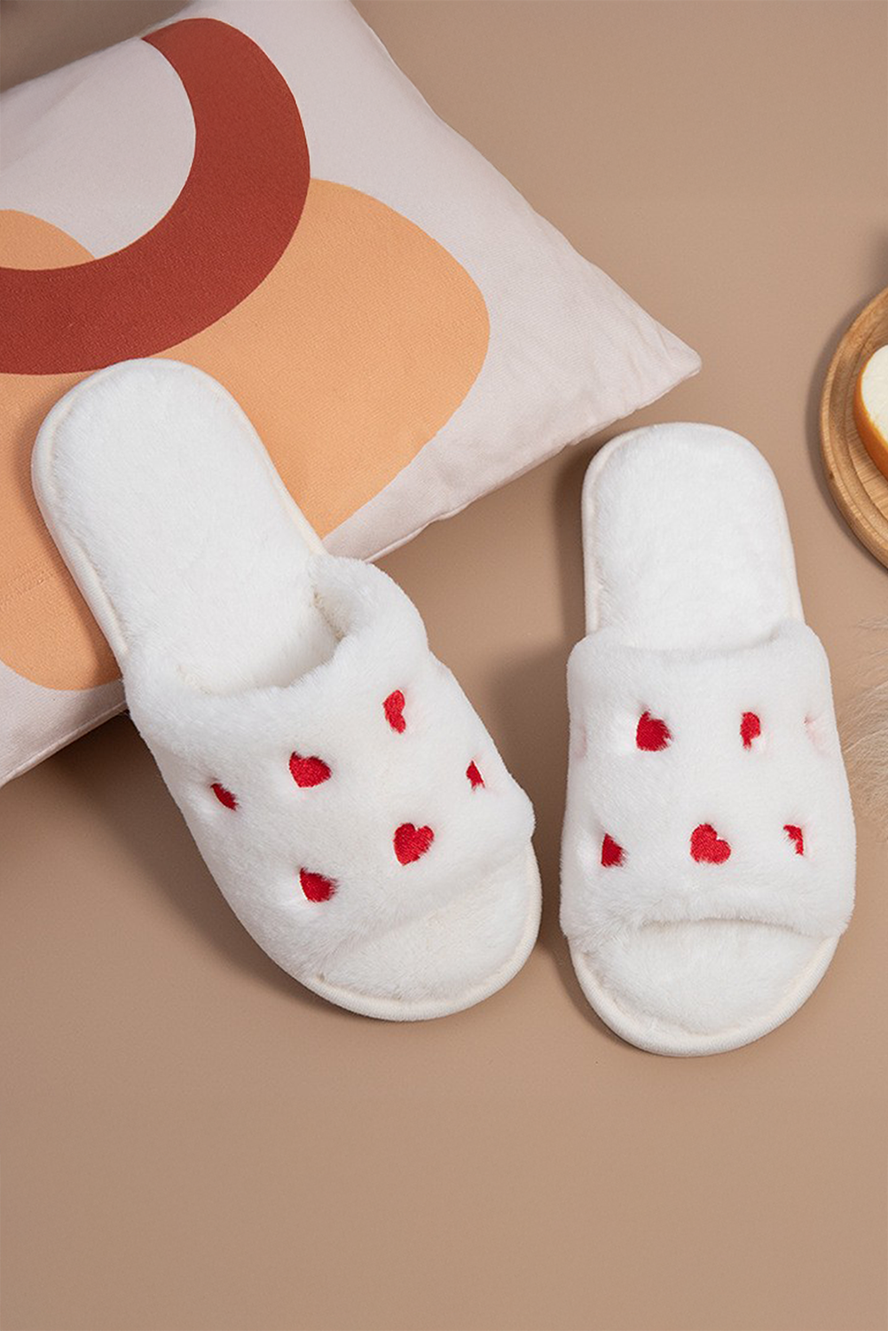 White Valentines Heart Pattern Open Toe Soft Fluffy Slippers