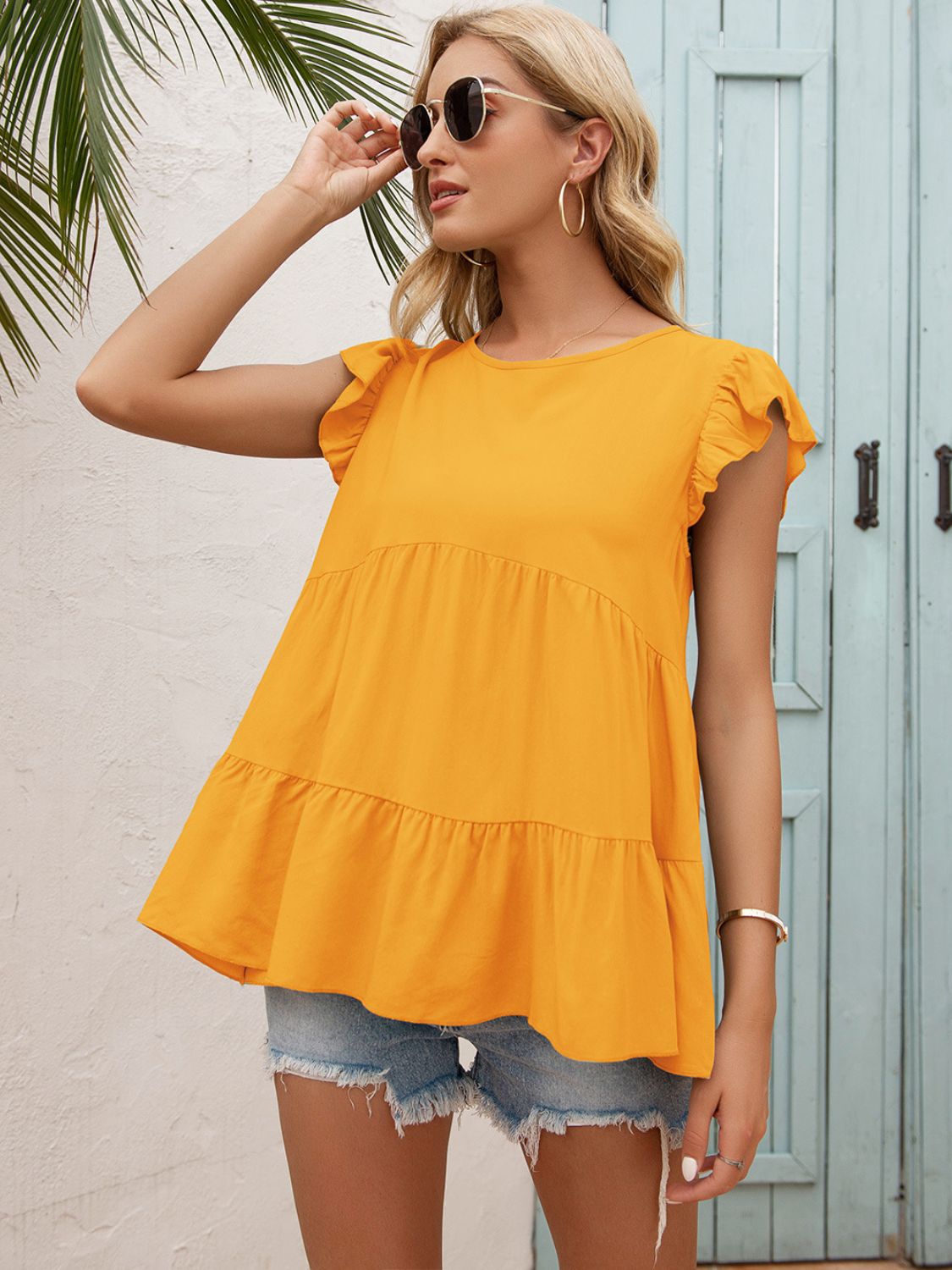 Ivy Lane Round Neck Flutter Sleeve Tiered Blouse