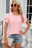 Eyelet Round Neck Petal Sleeve T-Shirt - PD SECRET REALM