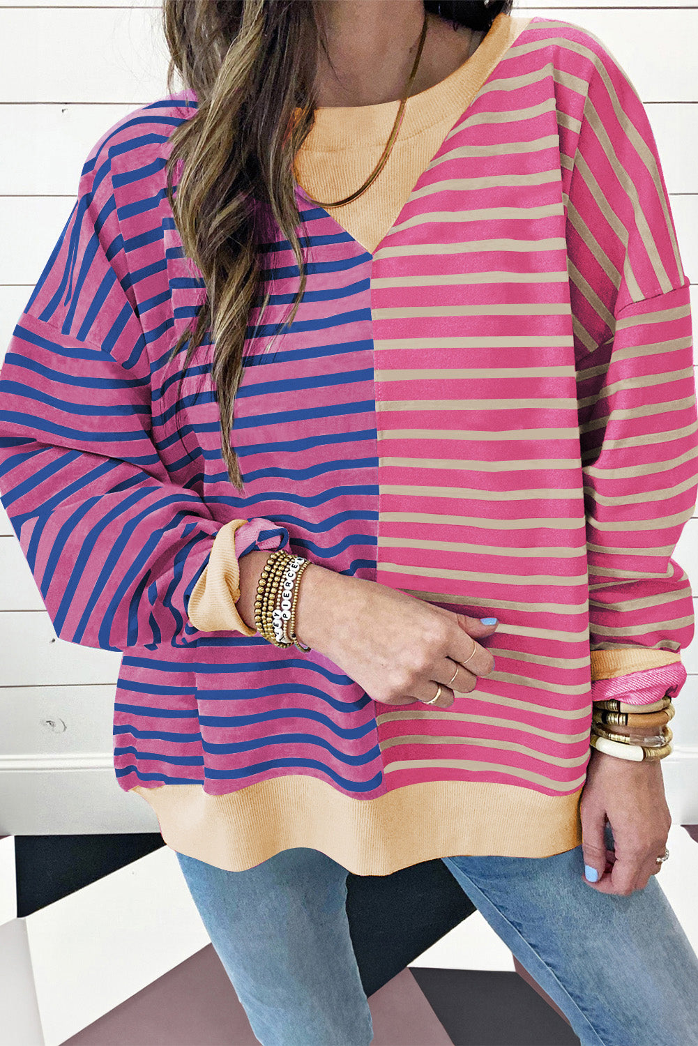 Green Stripe Colorblock Drop Shoulder Oversized Sweatshirt