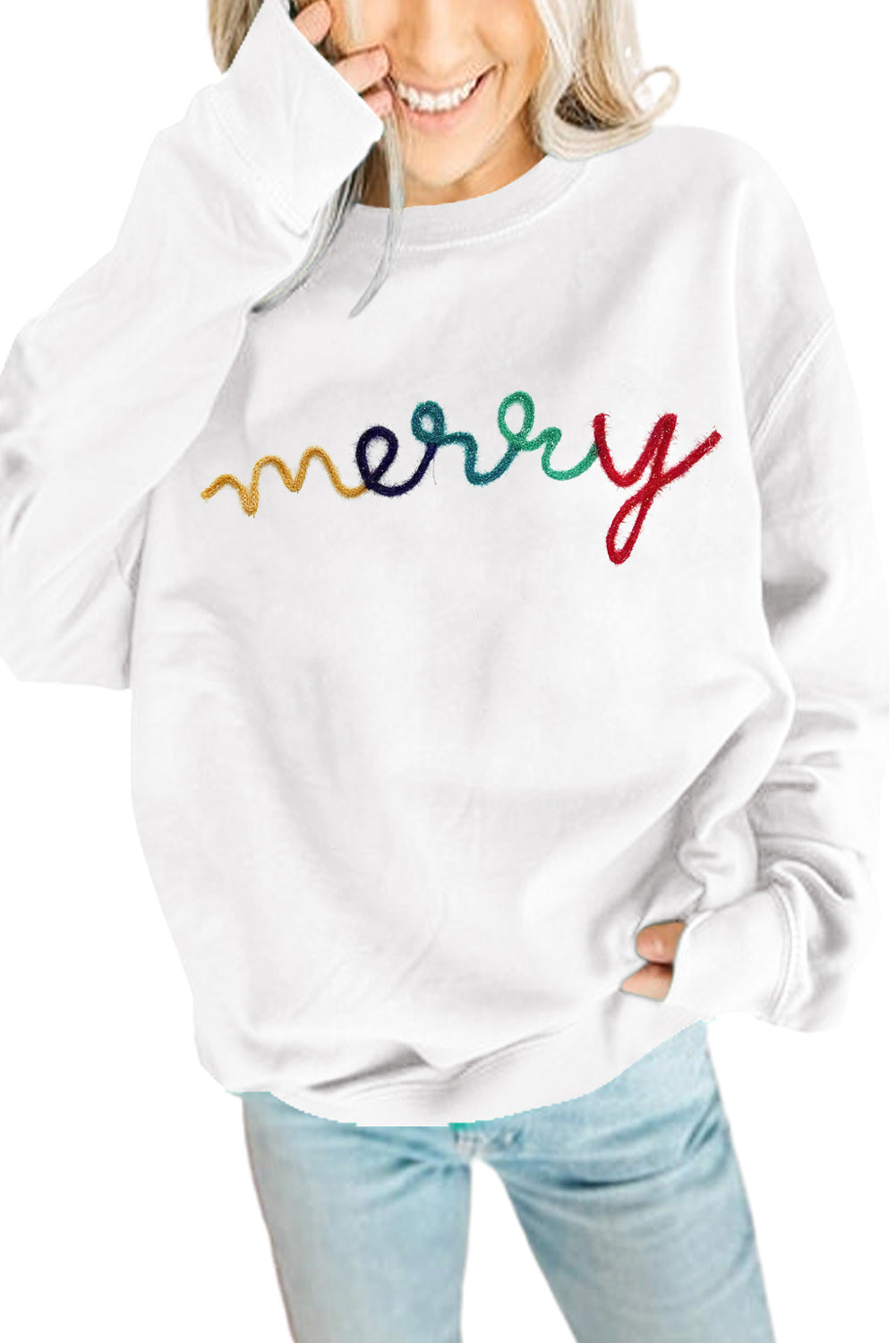 Green MERRY Print Drop Sleeve Pullover Sweatshirt