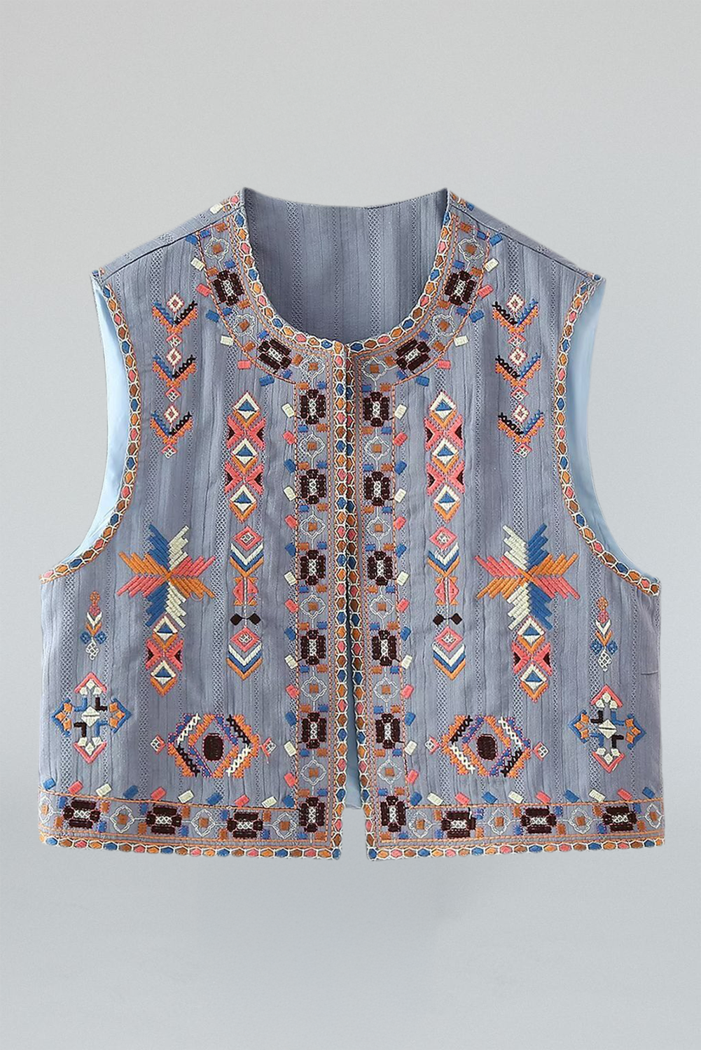 Sky Blue Geometric Embroidered Open Front Vest