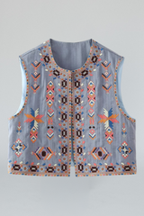 Sky Blue Geometric Embroidered Open Front Vest