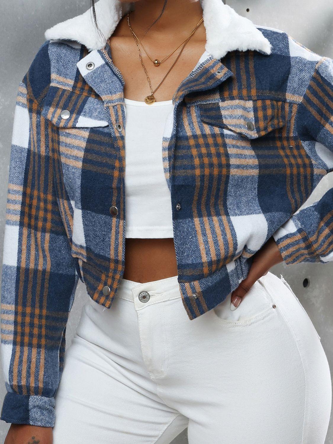 Plaid Snap Down Collared Neck Cropped Jacket - PD SECRET REALM