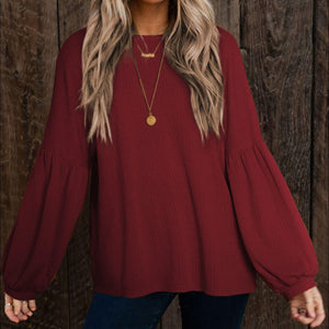 Round Neck Long Sleeve Ruched Blouse - PD SECRET REALM