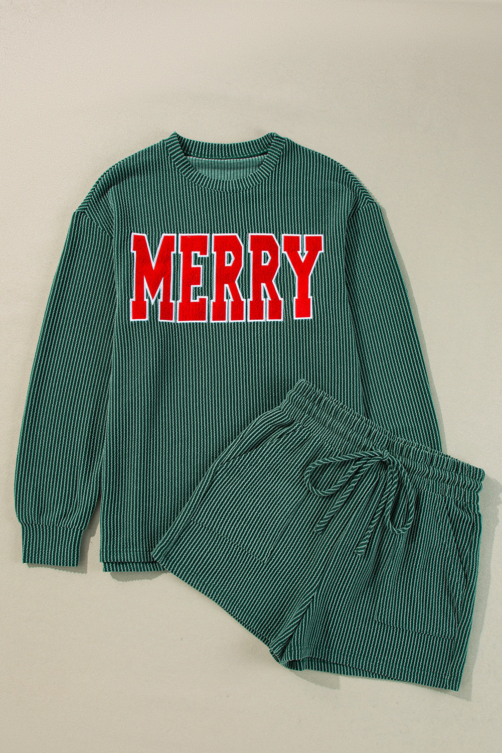 Evergreen Corded MERRY Long Sleeve Top and Shorts Pajama Set