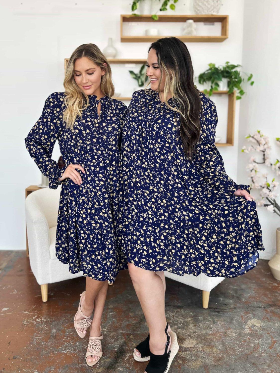 Full Size Printed Ruffle Hem Long Sleeve Tiered Dress