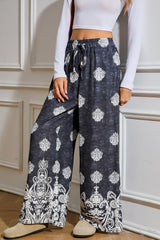 Black Bohemian Print Drawstring Waist Wide Leg Pants