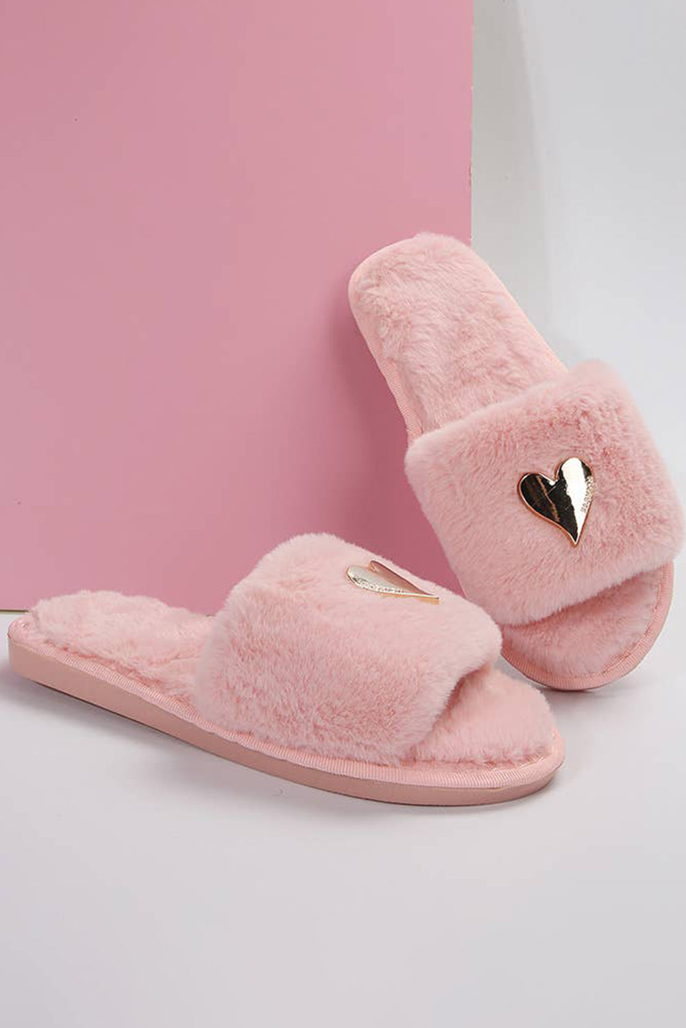 Pink Heart Open Toe Plush Slippers