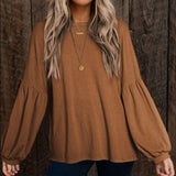 Round Neck Long Sleeve Ruched Blouse - PD SECRET REALM