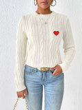 Cable-Knit Heart Round Neck Long Sleeve Sweater - PD SECRET REALM