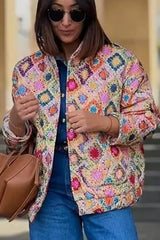 Multicolour Checkered Floral Print Snap Buttons Coat