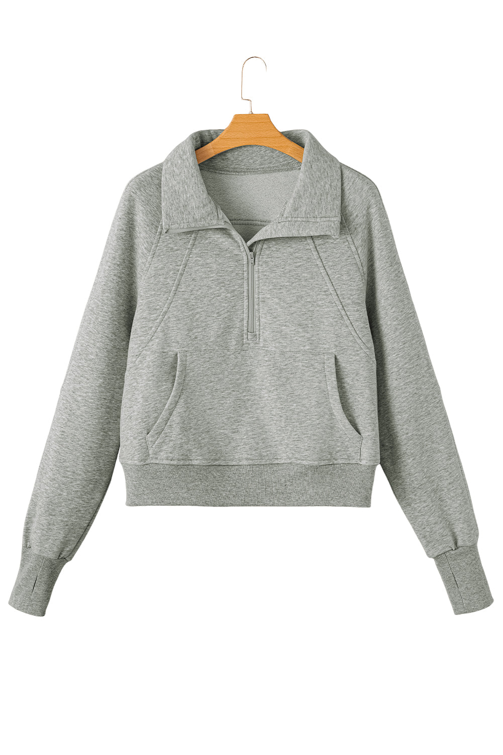 Gray Zip Up Stand Collar Ribbed Thumbhole Sleeve Sweatshirt