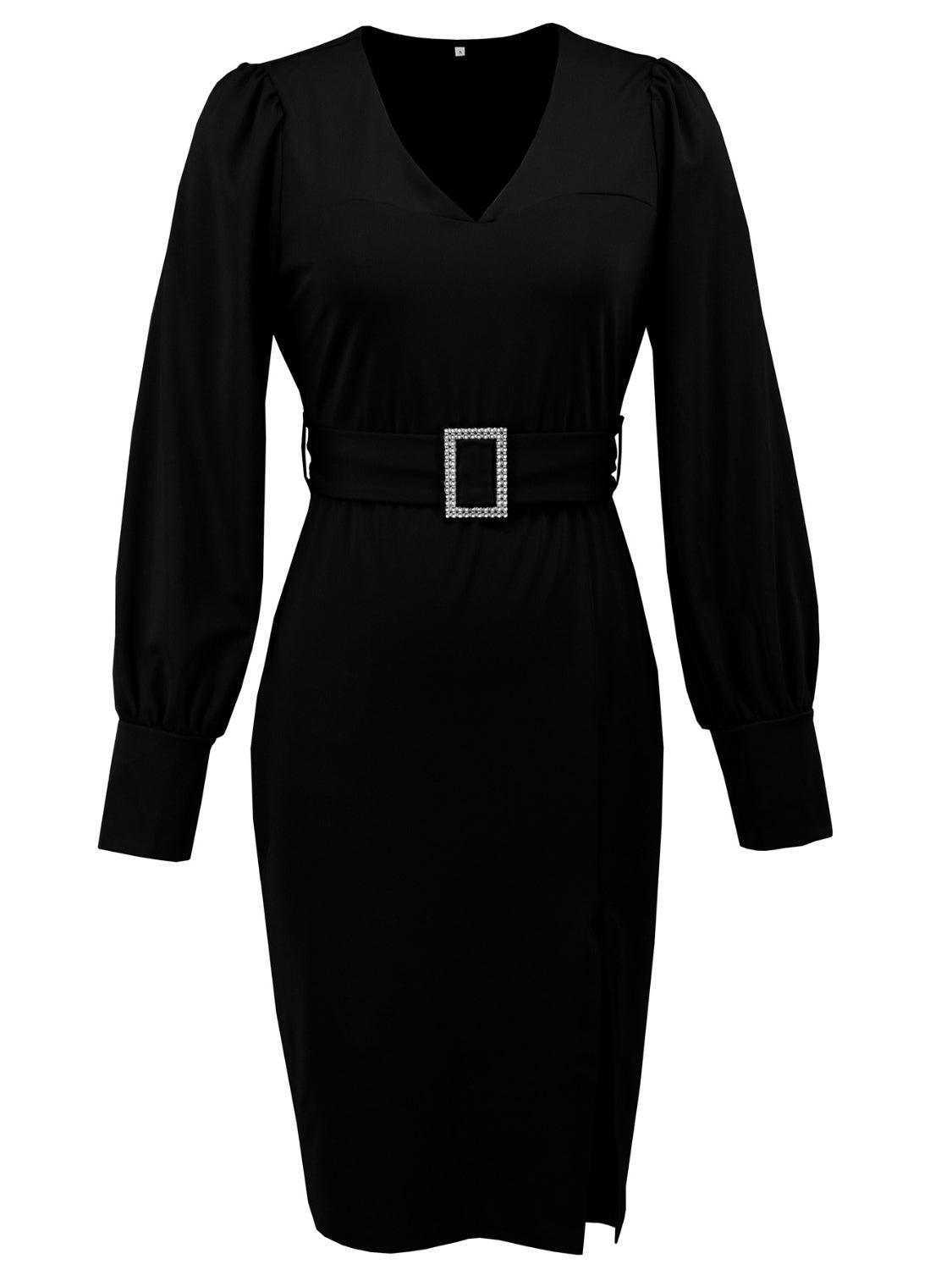 Slit V-Neck Long Sleeve Knee Length Dress - PD SECRET REALM