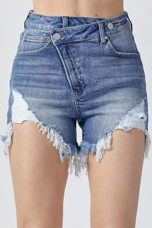 RISEN Raw Hem Asymmetrical Waist Denim Shorts - PD SECRET REALM