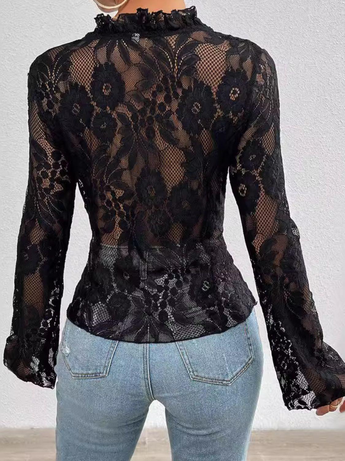 Tied V-Neck Long Sleeve Lace Top - PD SECRET REALM