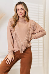 Woven Right Turtleneck Fringe Front Long Sleeve Sweater - PD SECRET REALM