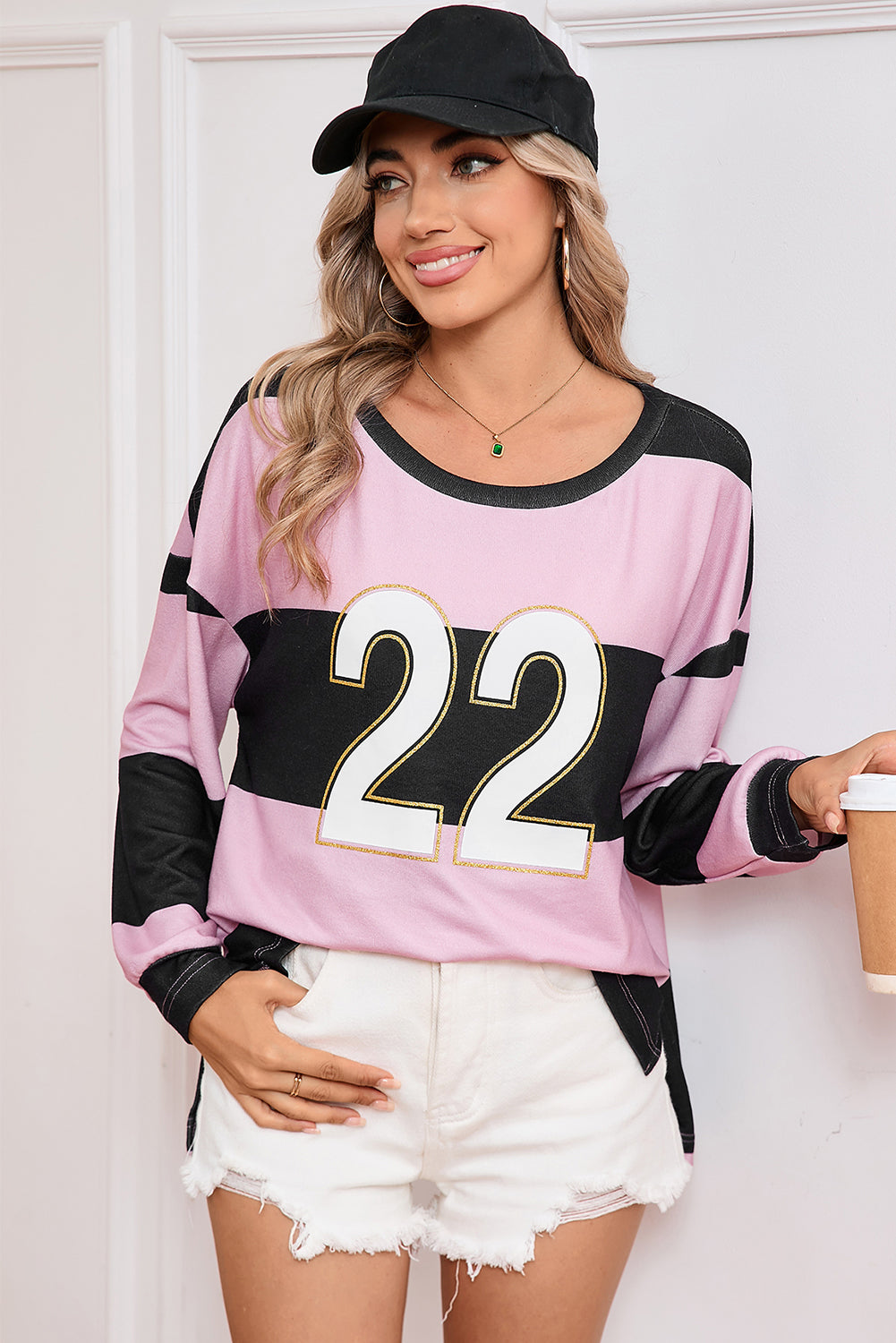 Pink Stripe Colorblock 22 Graphic Long Sleeve Top