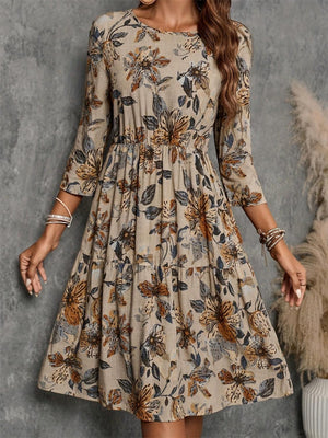 Printed Round Neck Three-Quarter Sleeve Dress - PD SECRET REALM