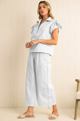 Gray Stripe Short Sleeve Collar Top And Shift Pants Set