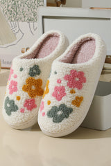 White Flower Pattern Slip On Plush Home Slippers