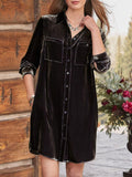 High-Low Button Up Long Sleeve Knee Length Dress - PD SECRET REALM