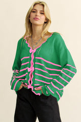 Green Stripe Non-detachable Bow Drop Sleeve Cardigan