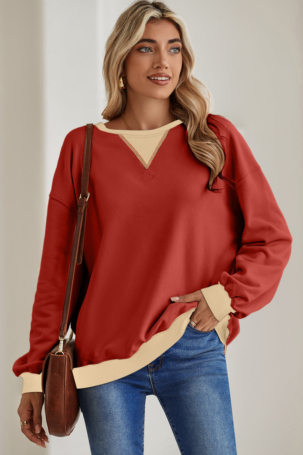 Red Clay Color Block Drop Shoulder Crewneck Oversized Sweatshirt