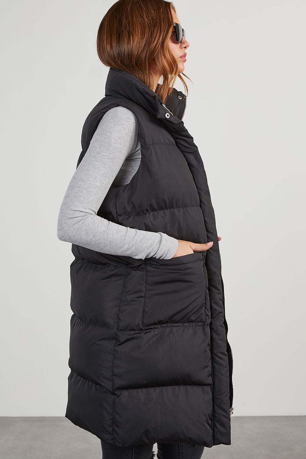 Coffee Quilted Pocketed Long Puffer Vest Coat