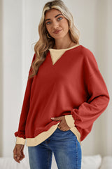 Red Clay Color Block Drop Shoulder Crewneck Oversized Sweatshirt