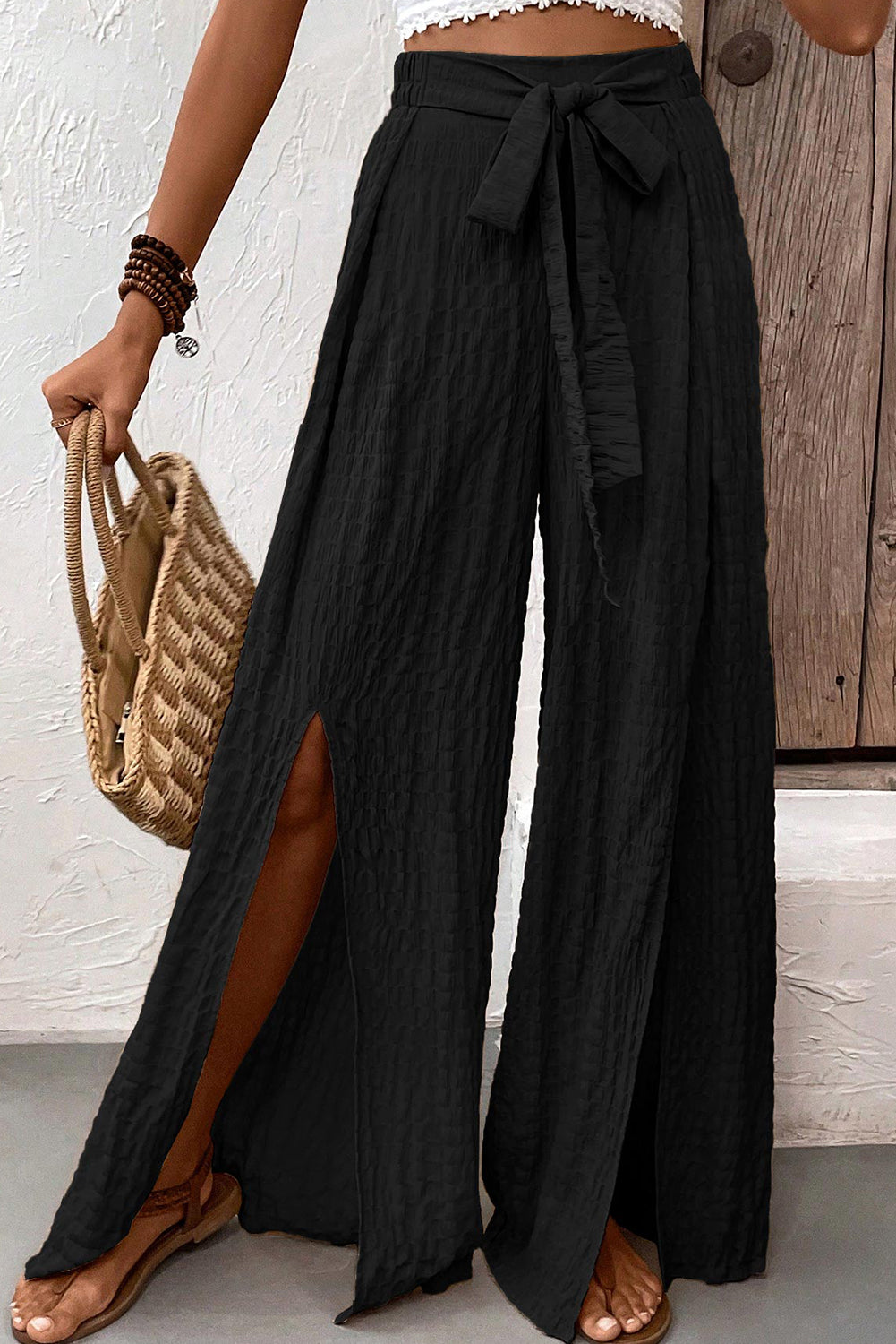 Black Crinkle Texture Knot Waist Slits Flared Pants