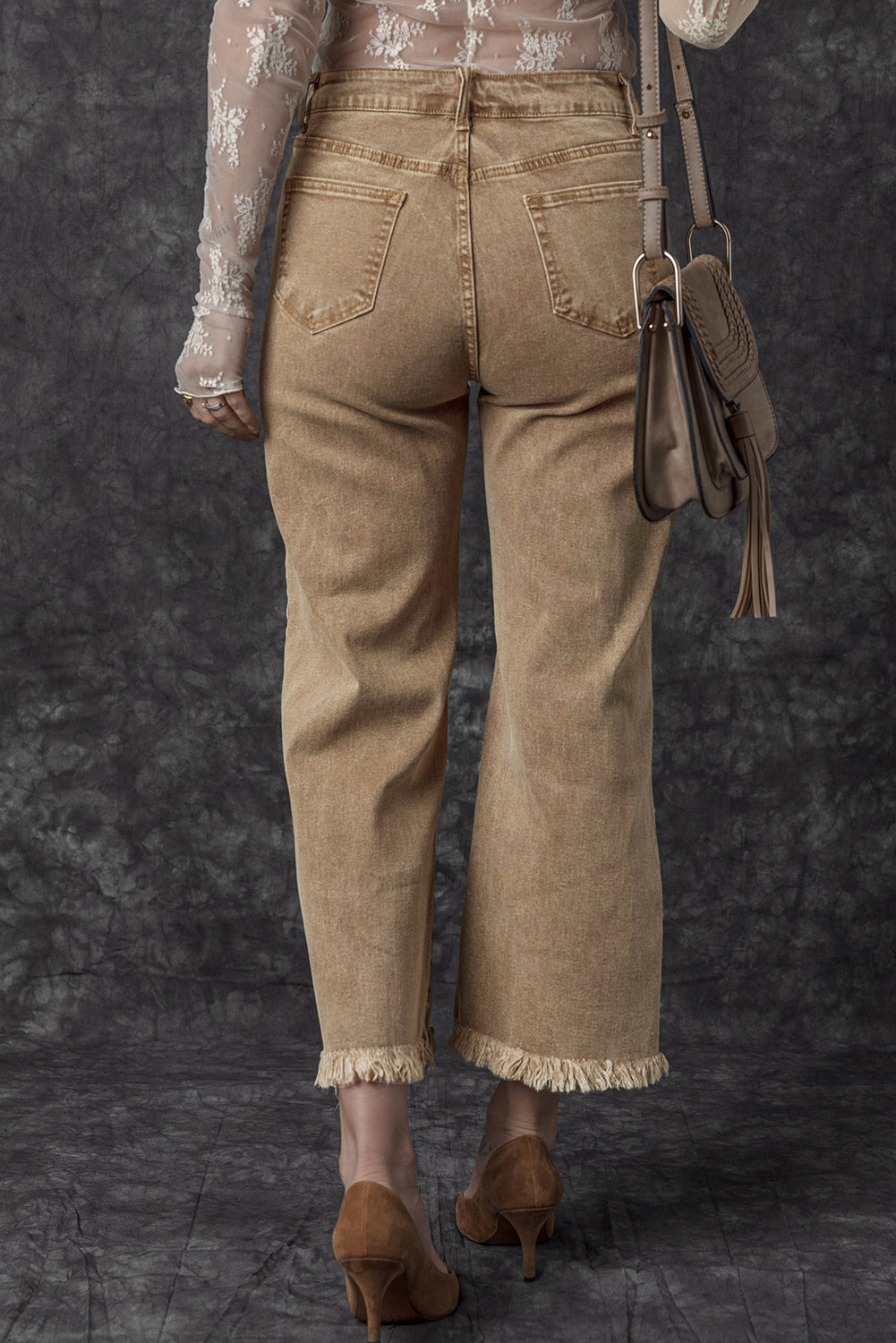 Light French Beige Acid Washed High Rise Cropped Jeans