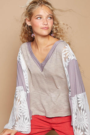 Lace Detail V-Neck Flare Sleeve Blouse - PD SECRET REALM