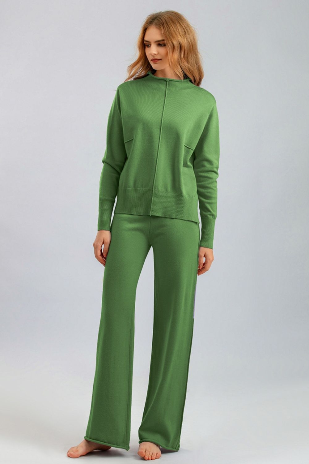 Mock Neck Long Sleeve Top and Pants Sweater Set