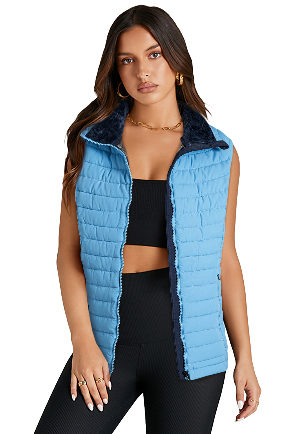 Burgundy Plush Collared Quilted Zipped Puffer Vest