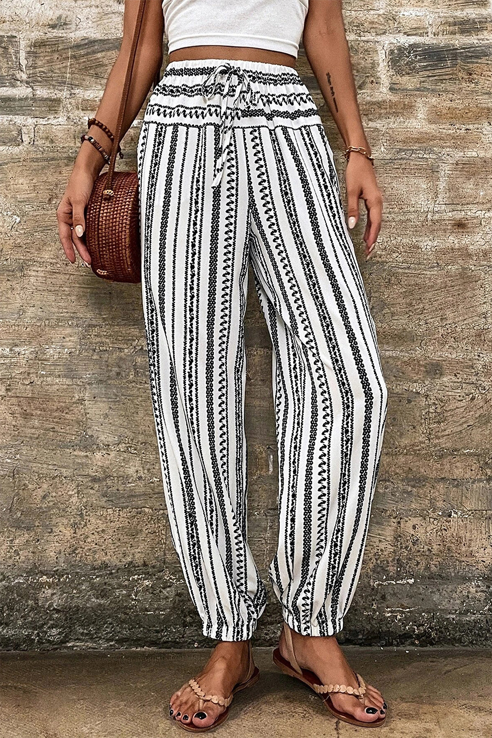 Black Stripe Geometric Print Drawstring Cuff Pants