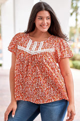 Plus Size Floral Lace Trim Round Neck Blouse