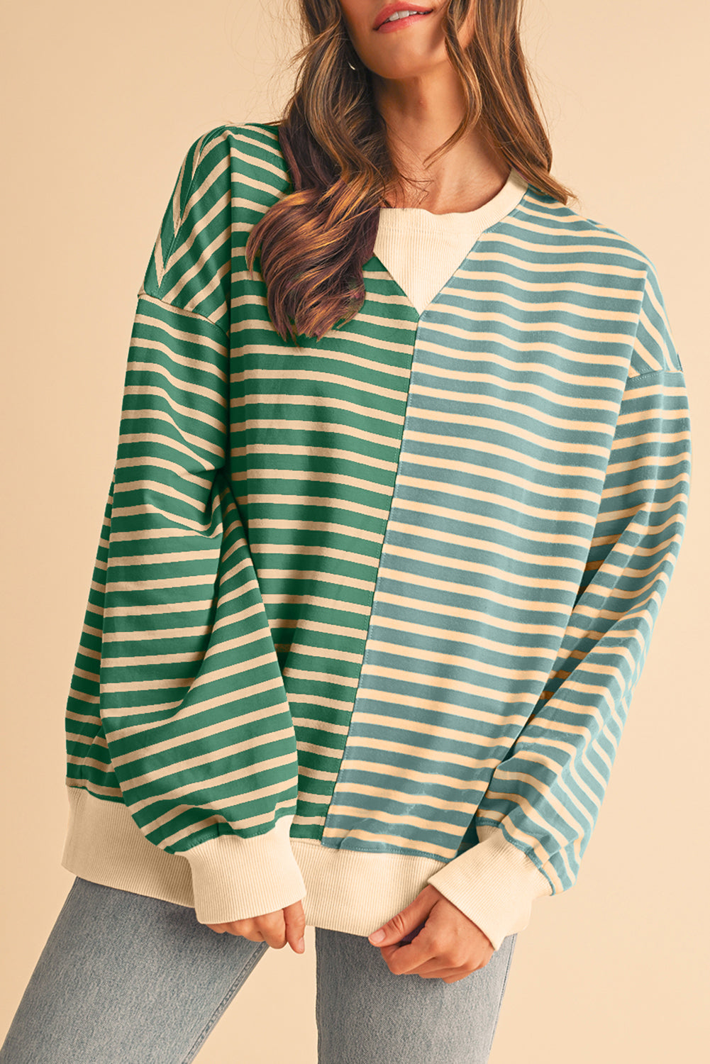 Green Stripe Colorblock Drop Shoulder Oversized Sweatshirt