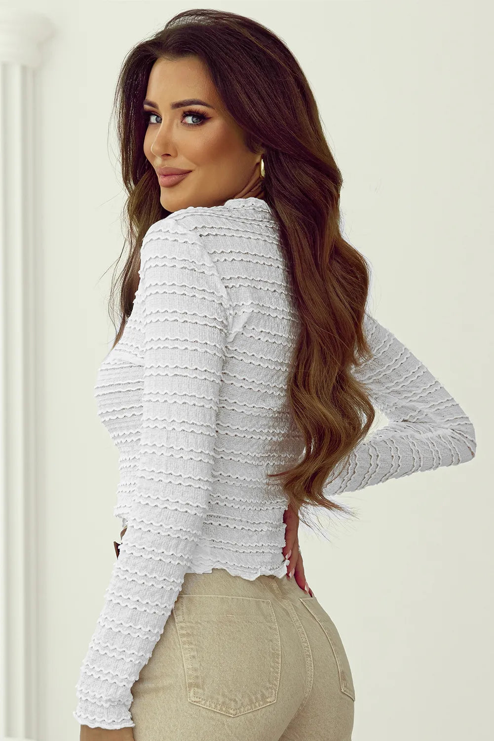 Textured Round Neck Long Sleeve Top