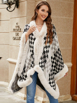 Fuzzy Checkered Long Sleeve Poncho - PD SECRET REALM