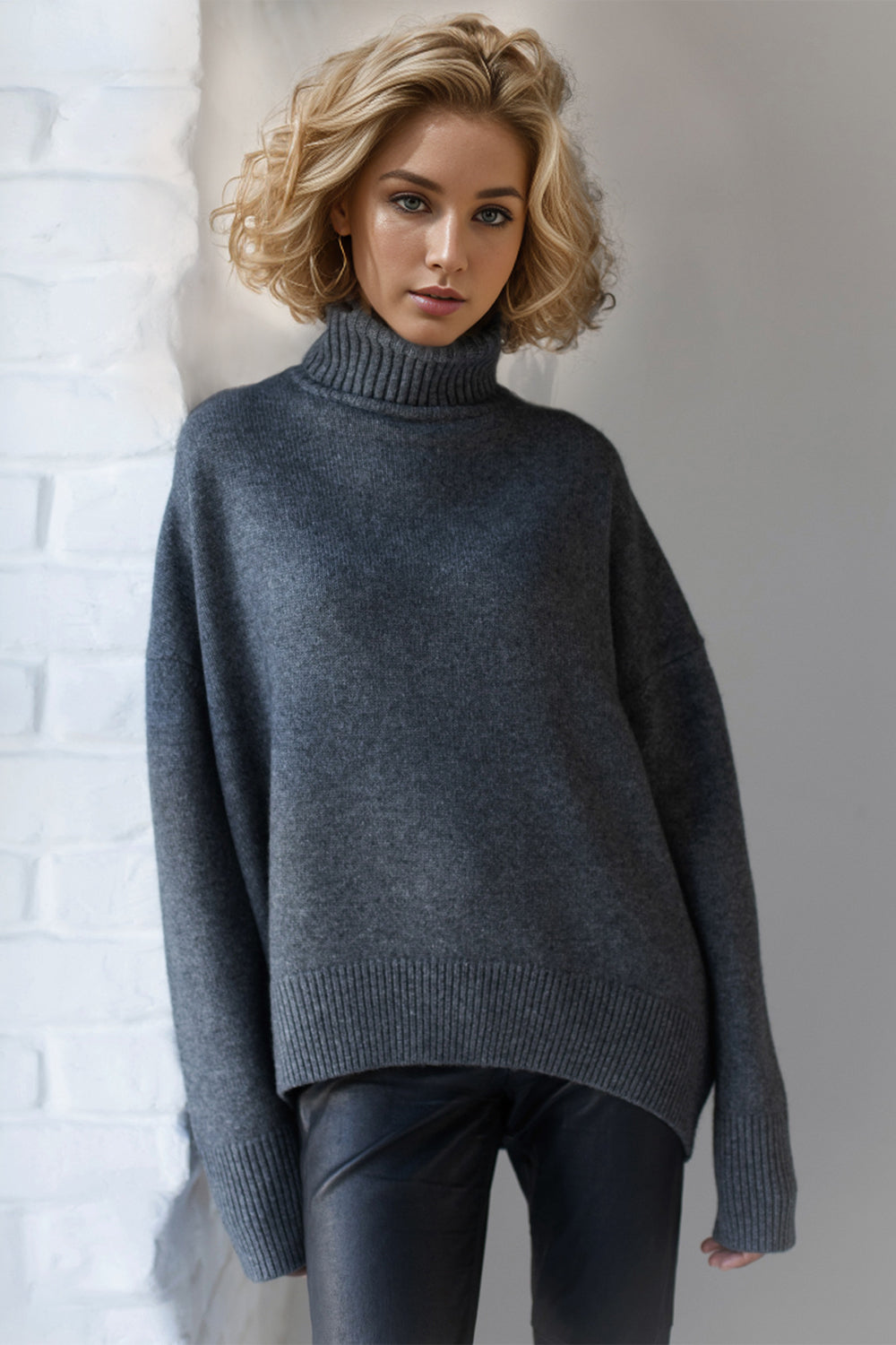 Turtleneck Dropped Shoulder Long Sleeve Sweater