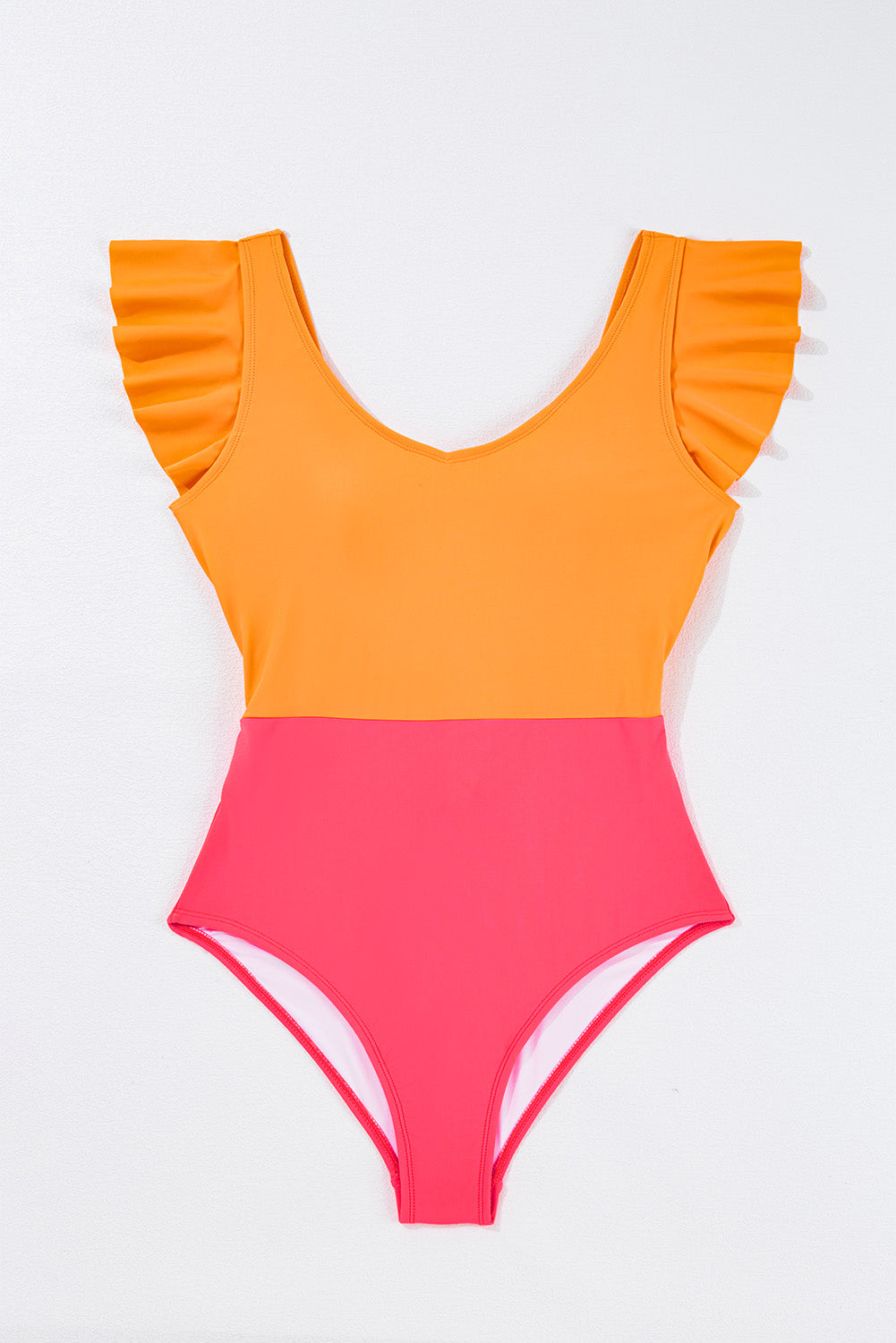 Vitality Orange Colorblock Ruffle Knotted Backless One Piece Swimsuit