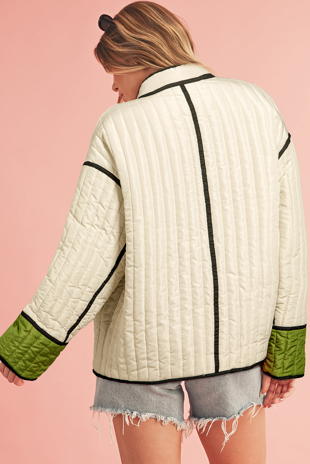 Green Stripe Colorblock Stand Neck Coat