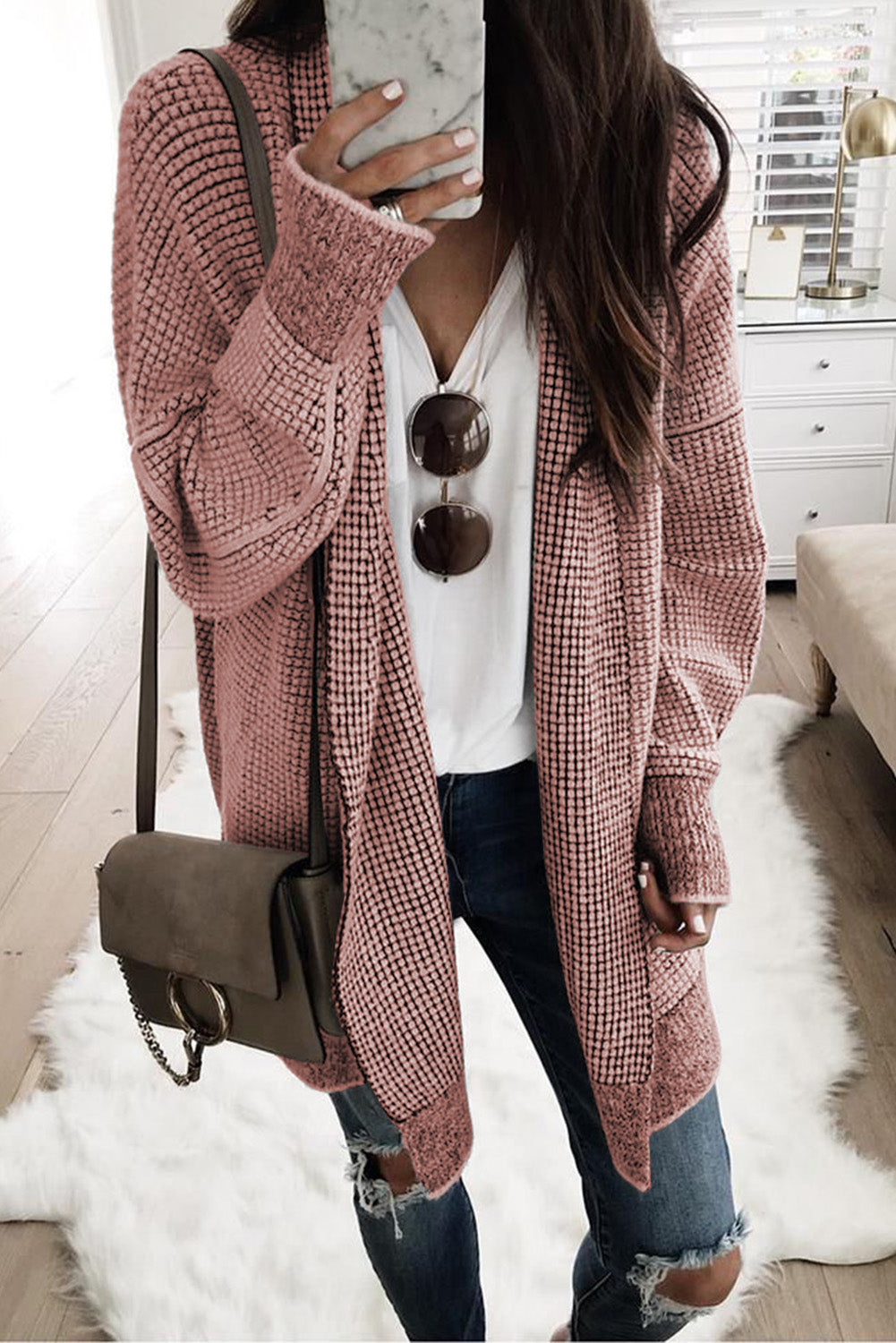 Grey Plaid Contrast Trim Casual Knit Cardigan