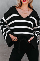 Striped Jnny Collar Long Sleeve Sweater