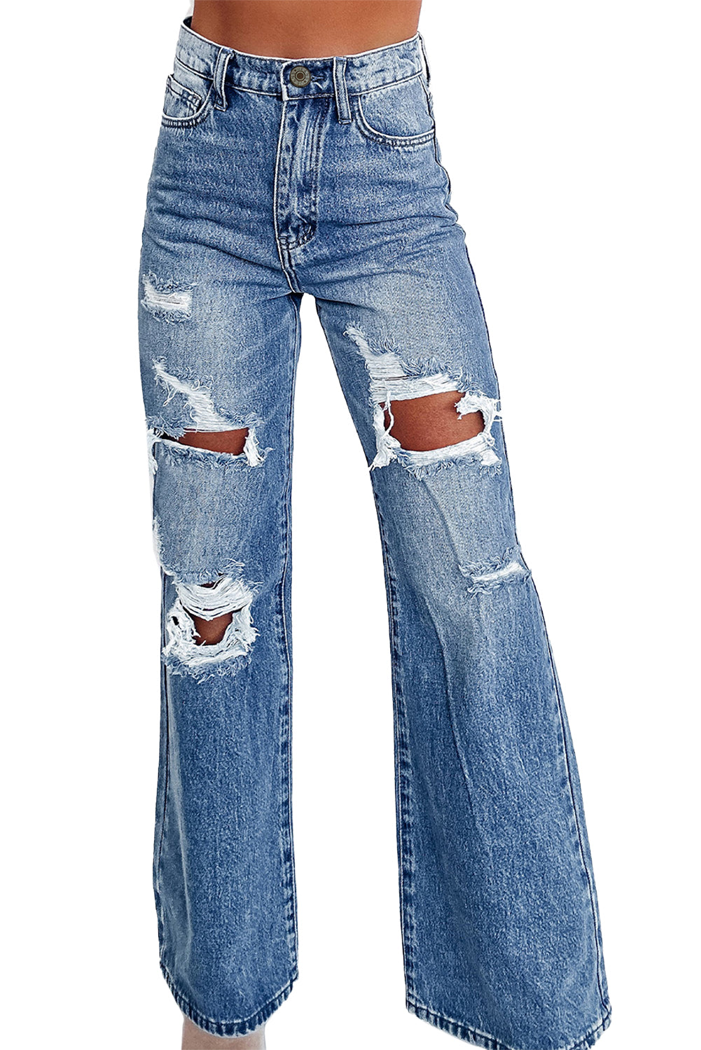 Blue Acid Wash Distressed Wide Leg High Waist Jeans