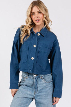 bytos Button Down Cropped Denim Jacket with Patch Pockets - PD SECRET REALM