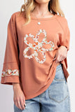 Exposed Seam Slit Floral Round Neck Blouse - PD SECRET REALM