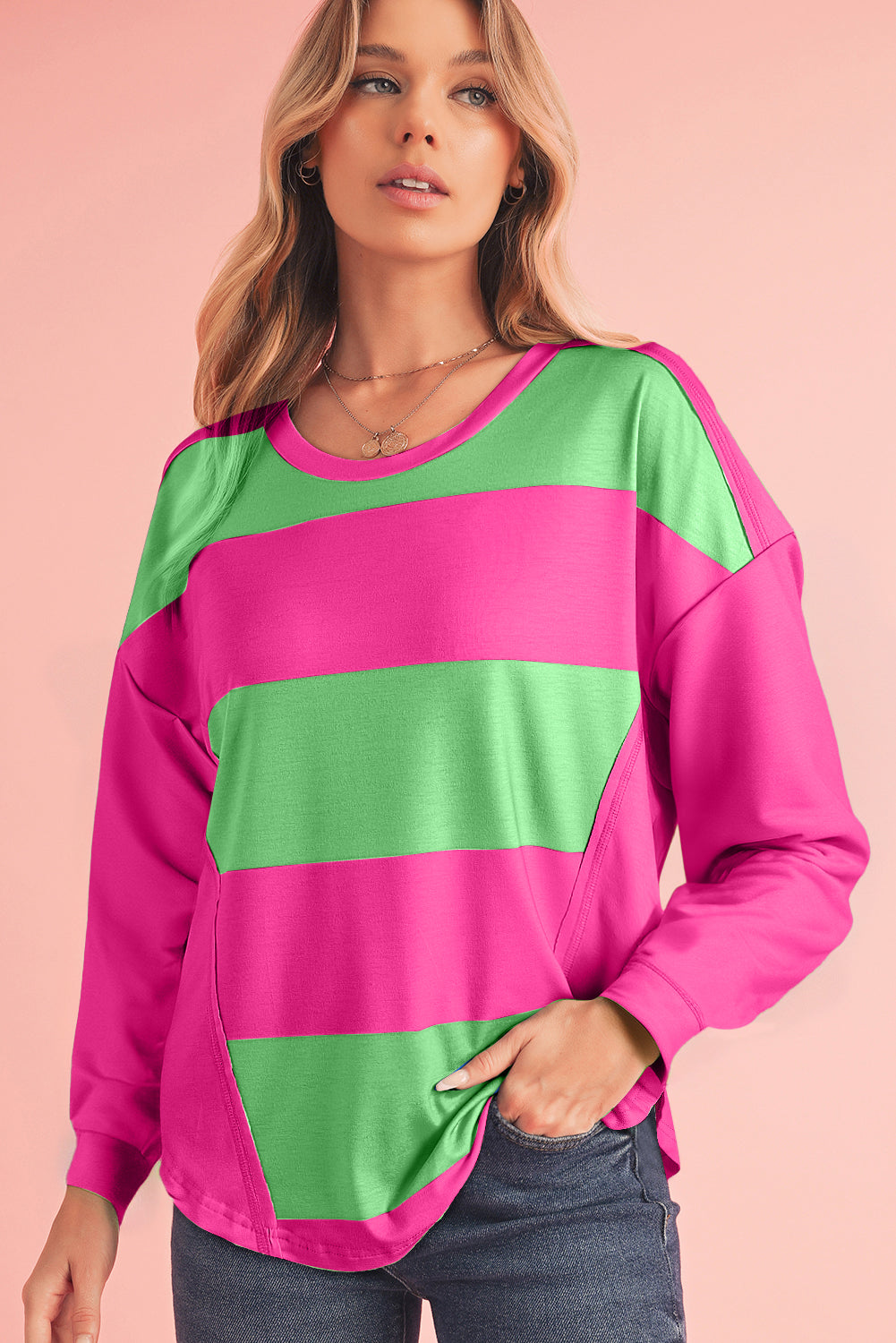 Light Green Colorblock Drop Sleeve Round Neck Top